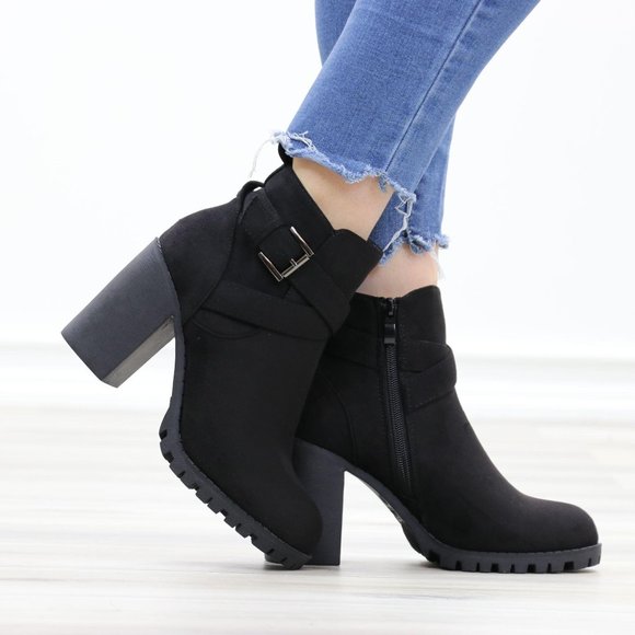 Faux Suede Black Lug Sole Ankle Boots - Picture 3 of 14